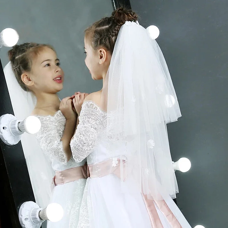 

New White Ivory Kids Girls First communion Veils Tulle with comb Wedding Flower Girl veil Voile Mariage Fille double layers