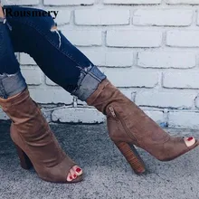 Новые модные женские замшевые ботильоны на толстом каблуке с открытым носком полусапожки на очень высоком каблуке с застежкой-молнией