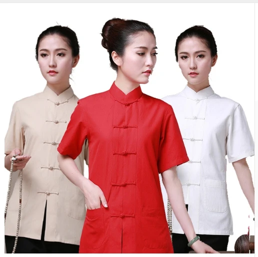 

100% Cotton Chinese Traditional Solid Tang Suit Clothings Women Kung Fu Uniform Short Sleeve Shirts Blouses Camisa blusa tops