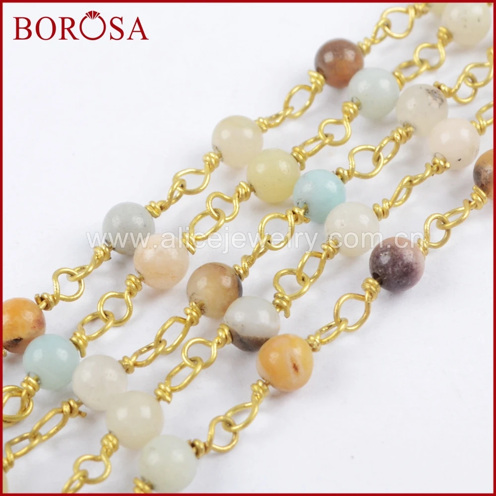 

BOROSA Wholesale 5Meters Gold Color Silver Color 4mm Natural Amazon Stone Bead Brass Chain Beaded Chains Jewelry Findings JT233