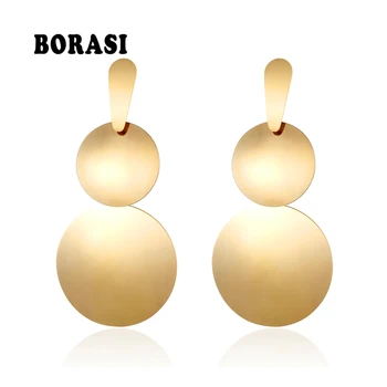 

BORASI Double Circle Round Long Dangle Earrings Stainless Steel Gold Color Rock Hyperbole Earrings For Women Party Jewelry Gift