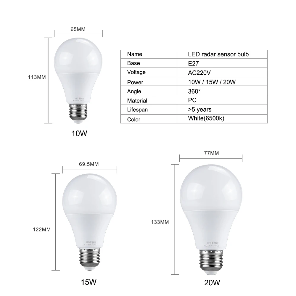 Ампулы светодиодный 27 светильник лампа с движения PIR Сенсор мощностью 10 Вт, 15 Вт, 20 Вт, 220V смарт E27 радар лампа 6500K A65 A70 A80