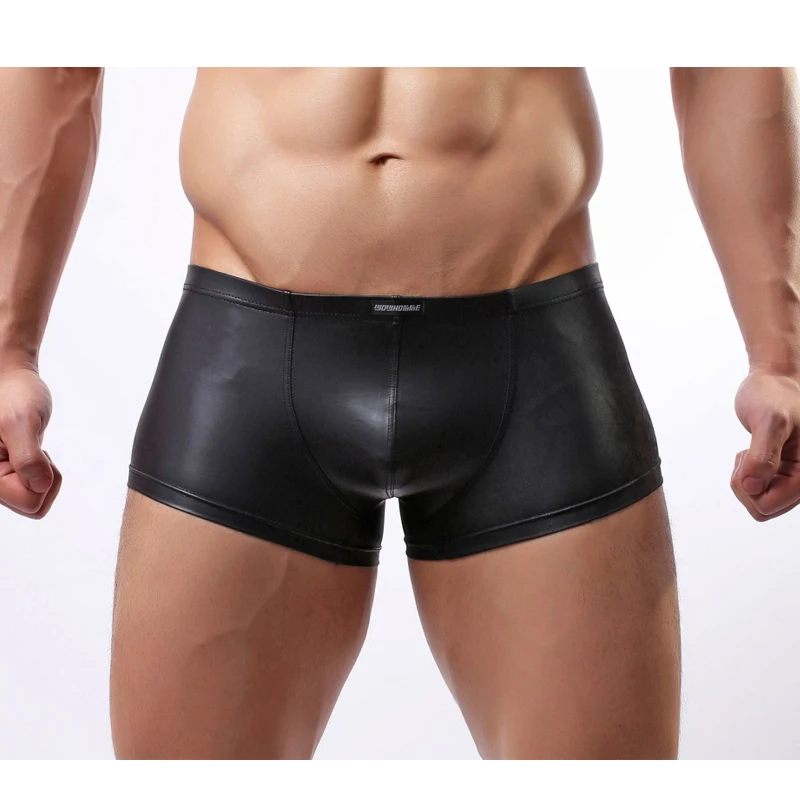 

Sexy PU Leather Shorts for Men Low Waist Pouch Boxer Male Night Clubwear Lingerie Skinny Pants Pole Dance Erotic Black Underwear