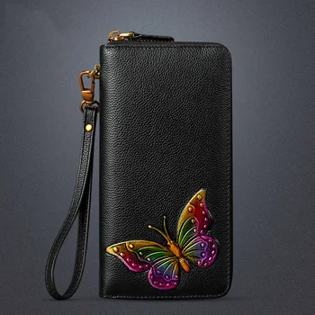 

Fashion Flower Genuine Leather Women Wallet Luxury Brand Ladies Butterfly Purse 2019 New Female Long Zipper Wallet Portemonnee