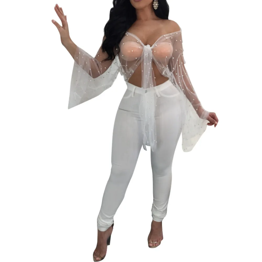 

2018 Women Tops Sexy Transparent Flesh Hollow Out shawl Blouse Net Yarn Black White Women Short Shirt Full Sleeve Lace Outfit