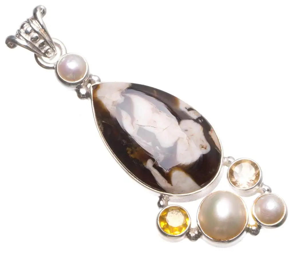 

Natural Penut Wood Stone,Citrine and River Pearl Handmade Unique 925 Sterling Silver Pendant 2 1/4" U0418