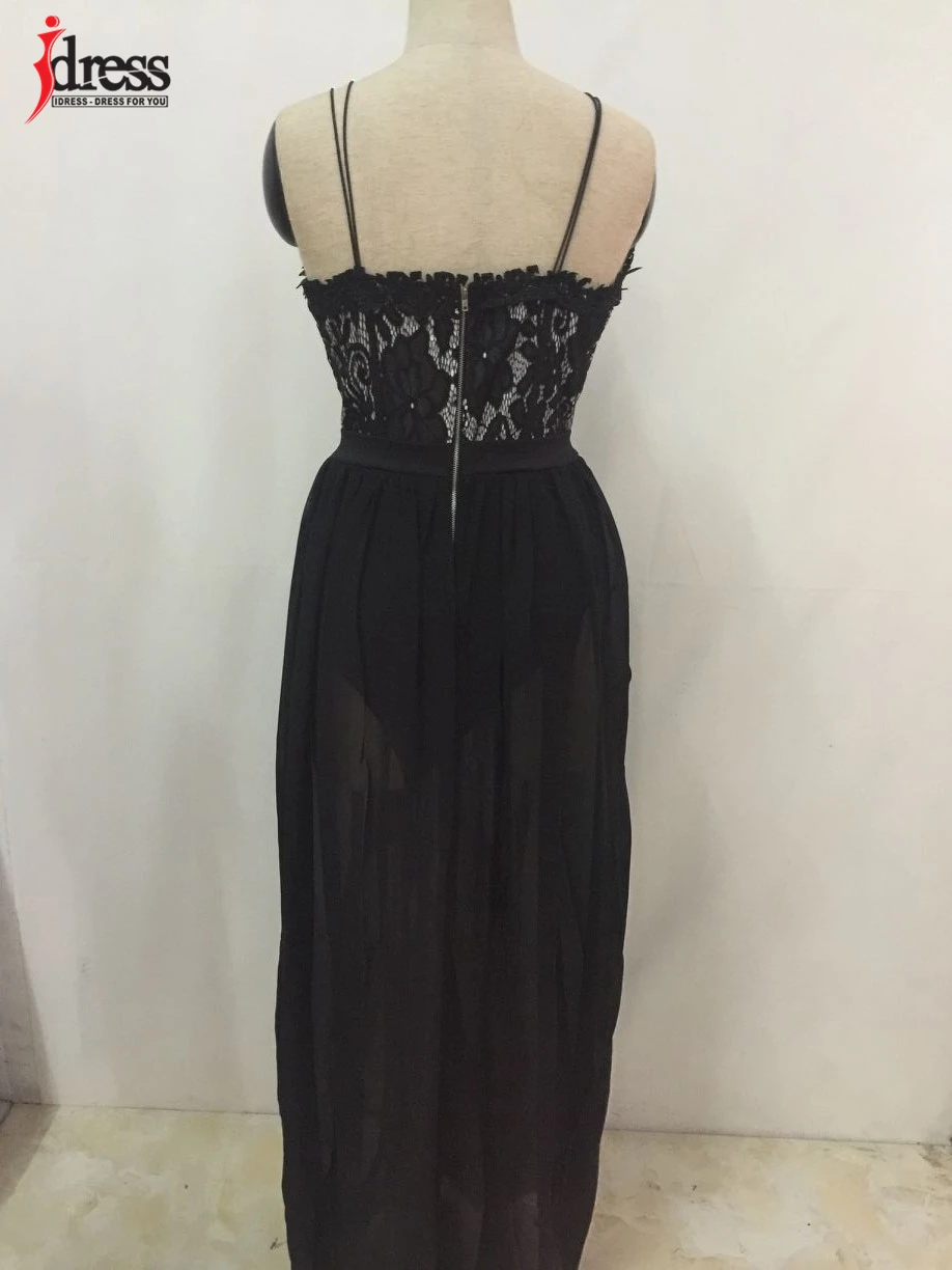 IDress 2017 Spaghetti Strap Black Lace Dress Women Party Elegant Floral Lace Chiffon Dress Floor Length Split Women Long Dress (3)