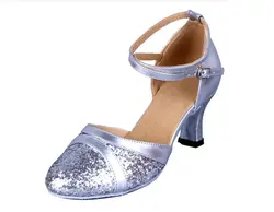 Женские блестящие туфли для латинских бальных танцев с закрытым носком, танго, сальса, чача, танцевальные сандалии на среднем каблуке