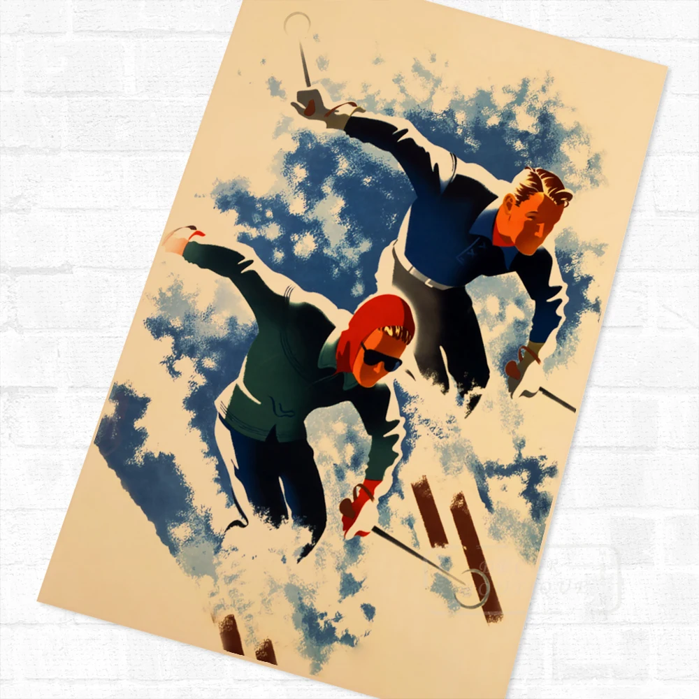 Skiing Couple Ski Winter Sports advertising Design Poster Vintage Retro Decorative DIY Wall Stickers Home Posters Art Bar Decor