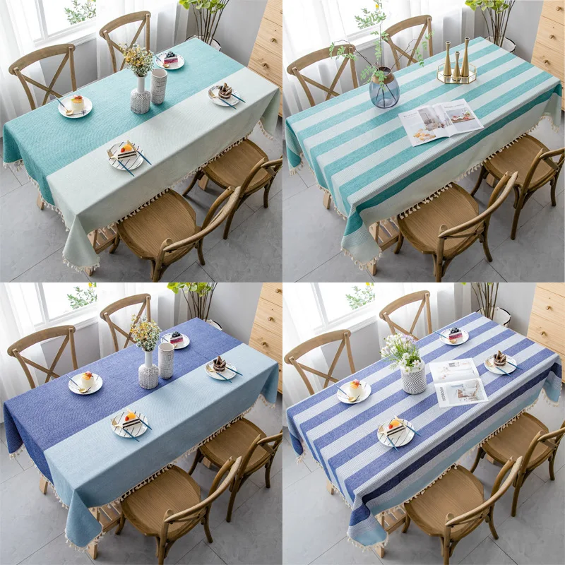 

Japan Style Dining Table Cloth Blue Stitching Linen Cotton Waterproof Tablecloth Tassel Pendant Decor Rectangle Table cover