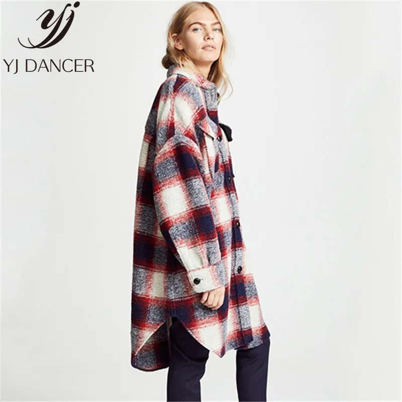 2018 Autumn Winter Woolen Coat New Loose Plaid Warm Coat In The Long Section Lapels Check Double Pocket Shirt Coat Women YZH508
