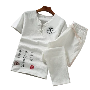 

Chinese Style men Short Sleeve tshirt and Ankle Length pants Navy Blue Black White Grey summer Mens Two Piece Set