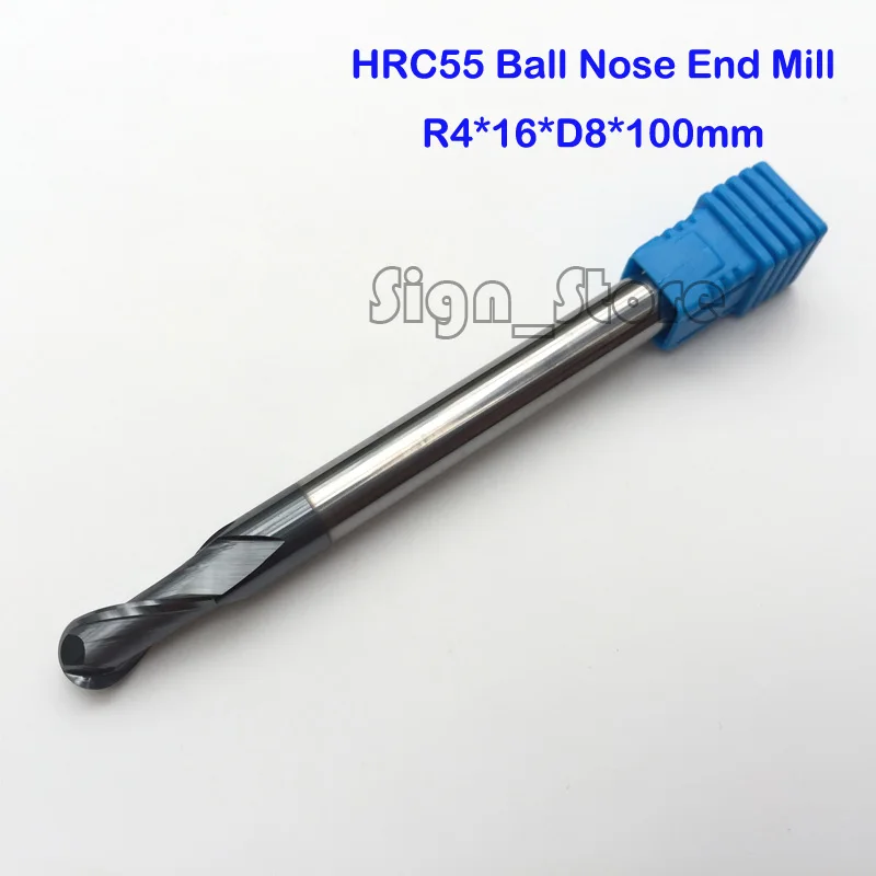 

1pc radius=4mm 2 Flutes Longer hrc55 R4*16*D8*100 solid carbide Ball nose End Mill CNC router bits tools Longer Milling cutter