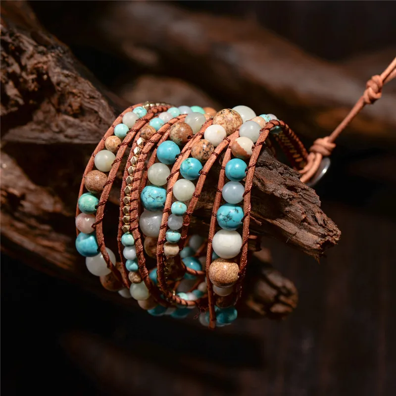 

Wrap Bracelet Natura Stone Leather Wrap Bracelet Multi Layered Bracelet For Girl's And Woman's Boho Bracelet Fashion Jewelry