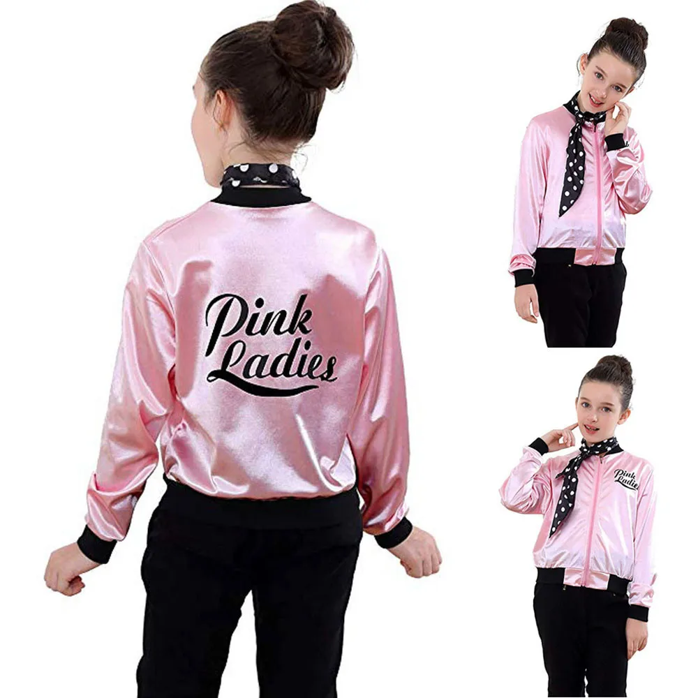 

Little Girls' Pink Ladies Print Jacket Child Retro 50S Zip Costume Scarf Coat girls coat 2019 New kids coat