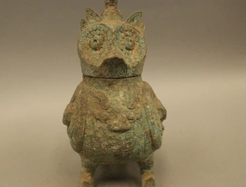 

9" China Chinese Dynasty Palace Bronze Bird Fu Foo night owl Carve Zun Statue
