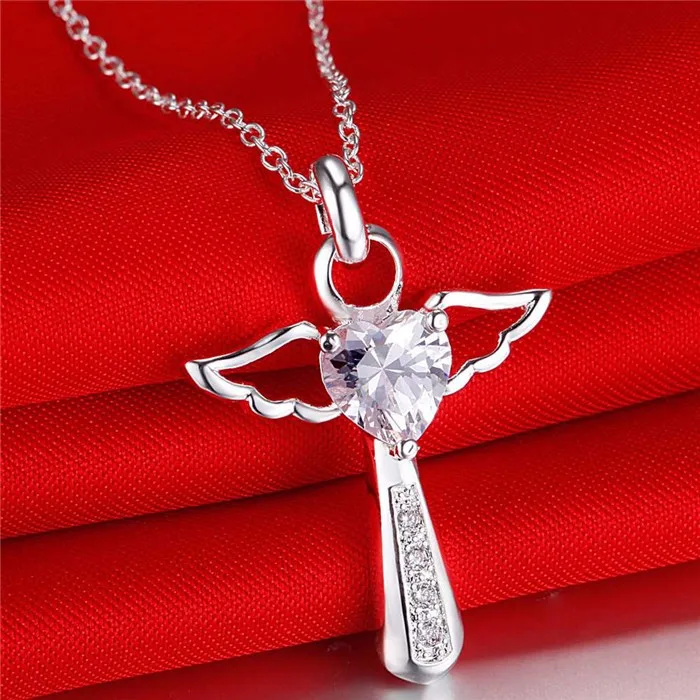 

2018 Fashion Love Heart Angel Wing CZ 925 stamped silver plated Jesus Cross Pendant Necklace Inlay Element Austrian Crystal