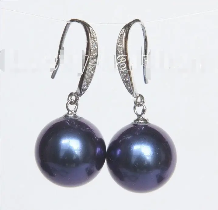 

FREE SHIPPING HOT sell new Style >>>>Dangle 14mm navy blue south sea shell pearls Earrings 925 silver hook j10525