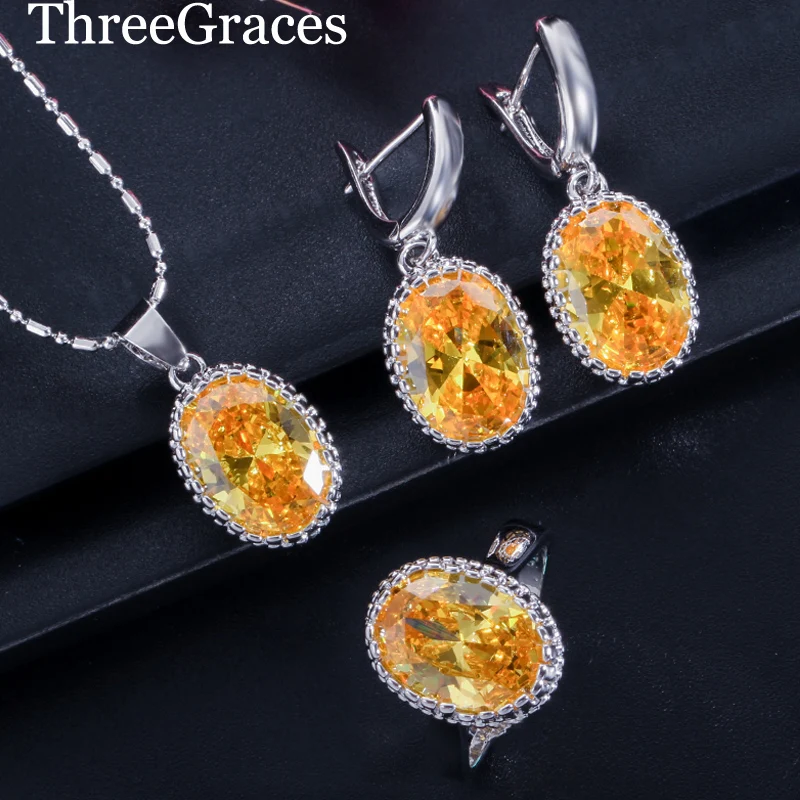 

ThreeGraces 7 Color Options Yellow Cubic Zirconia Crystal Fashion Women 925 Sterling Silver Necklace Earrings Jewelry Set JS198