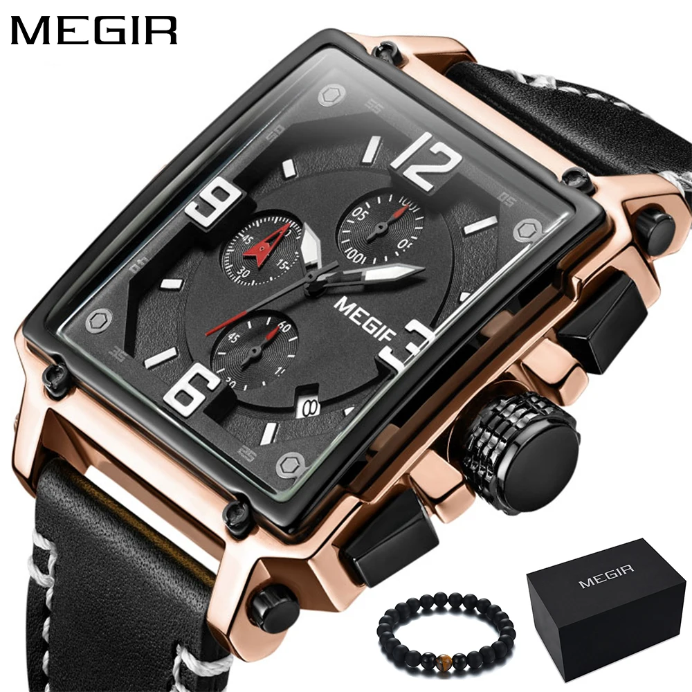 

MEGIR Luxury Brand 2018 New Design Square Rose Gold Watches Men Quartz Leather Band Casual Sport Wristwatch relogio masculino