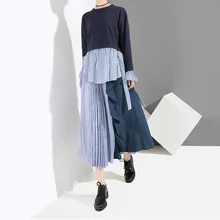 Плиссированная юбка новая Оригинальная половина длины Корейская Лоскутная Женская Шикарная высокая талия строчка шифоновая синяя черная уличная юбка