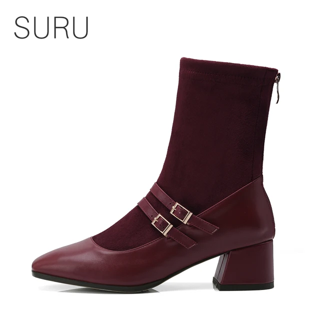 Suru Double Strap Mary Jane Sock Boots Women 5cm Or 2 Inch Chunky Heel Square Toe Suru Double Strap Mary Jane Sock Boots Women 5cm Or 2 Inch Chunky Heel Square Toe