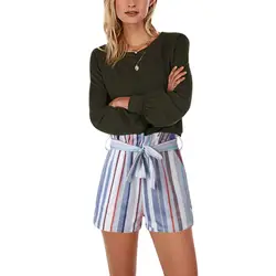 Женские летние повседневные брюки эластичные шорты с высокой талией свободные полосатые шорты со шнуровкой и карманами