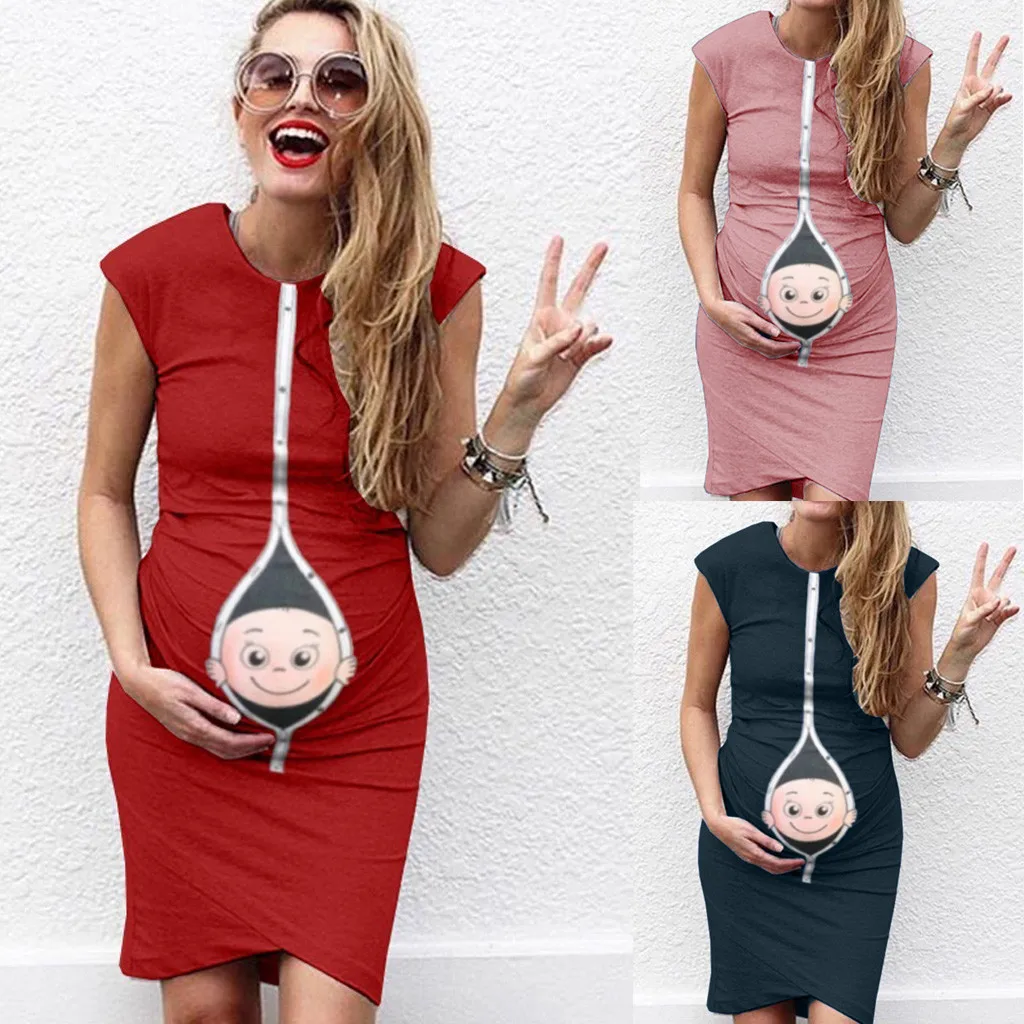 

Cartoon Print Cute Pregnant Maternity Dresses Summer Casual Sleeveless Pregnancy Maternity Clothes with Baby Peeking Out Dress