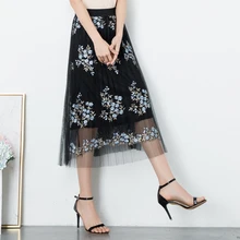 WKOUD вышивка сетки юбки для женщин средней длины Высокая талия плиссированная летняя юбка повседневные низ элегантные юбки DK6056