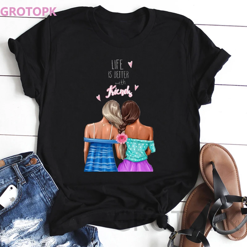 

BFF Black T-shirt for Women Summer Korean Harajuku Tops Tee Shirt Femme Best Friends Mickey Streetwear Plus Size Vogue T Shirt