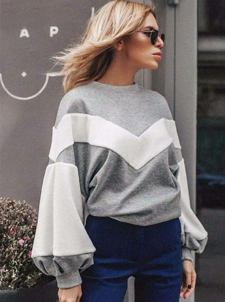 

Europe style hot sales lantern sleeve pullover woman sweatshirt fashion color block O-neck casual female hoodies XL