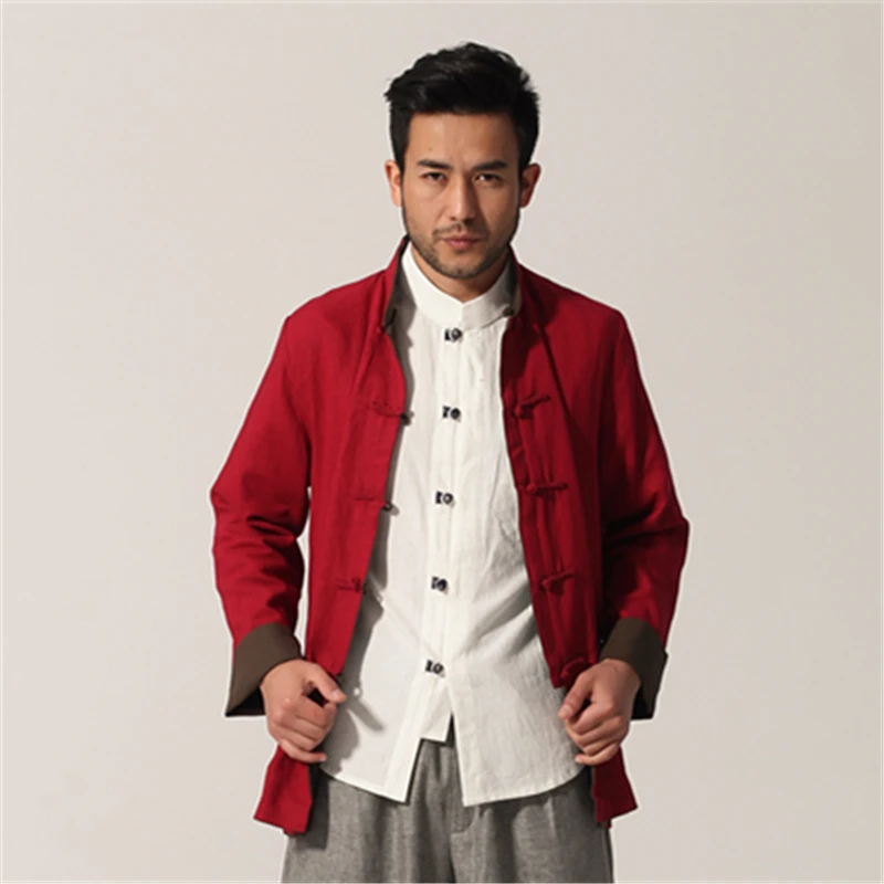 Army Green Red Reversible Men Cotton Linen Jacket Chinese Traditional ...