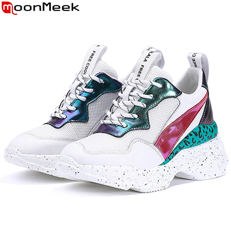 

MoonMeek 2019 sneakers women round toe mesh+cow leather shoes women mixed colors ladies shoes casual flat platform shoes women