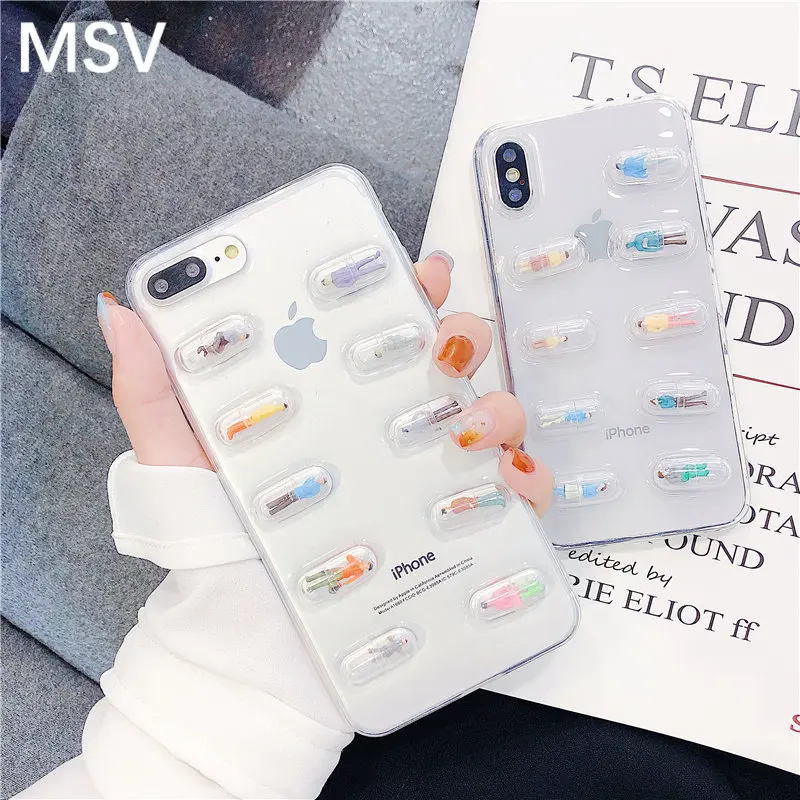 3D Pill Capsule прозрачный милый чехол для телефона iPhone XS Max XR X Мягкая задняя крышка с
