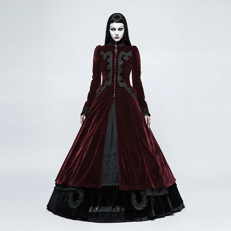 PUNK RAVE Gothic Palace Swallow Tail Embroidery Velveteen Long Wool Blends Coats Vintage Pattern Party Halloween Christmas