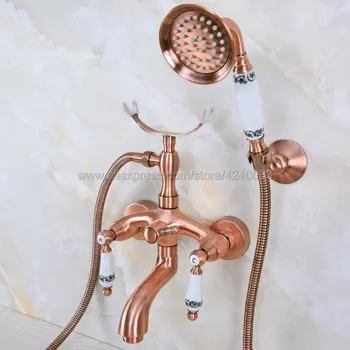 

Antique Red Copper Bathroom Bathtub Mixer Faucet Telephone Style With Brass Handshower Bath & Shower Faucets Kna366