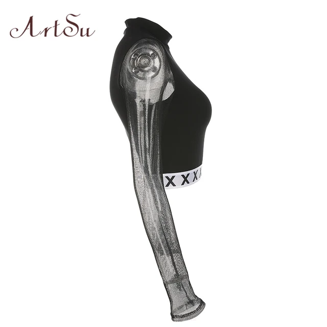 ArtSu Fashion Autumn Mesh Top Long Sleeve Crop Tops Turtleneck Punk Kpop T shirt Women Sexy Black Short T-shirt ASTS20216 1