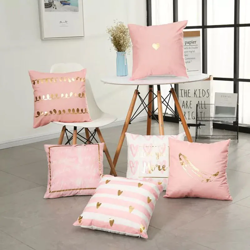 

Golden Heart Pink Pillow Cover Soft Gold Foil Girls Room Home Decorative Cushion Cover For Sofa Bed 43x43cm Zip Open