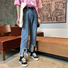 Рваные джинсы для женщин Джокер с высокой талией Прямые джинсы повседневные Harajuku джинсовые брюки