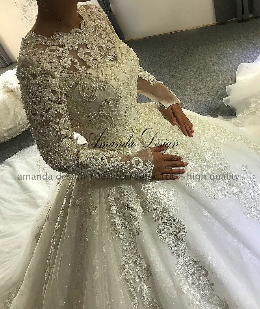 Аманда дизайн brautkleider hochzeitskleid С Длинным Рукавом Кружевная аппликация с жемчугом индейки свадебное платье