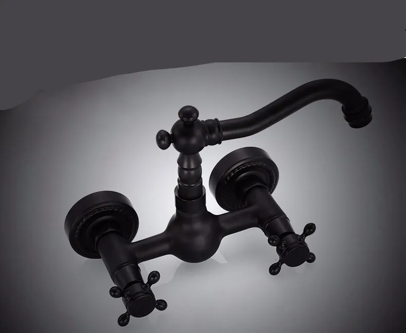 Dual Cross Handles Wall Mounted Oil Rubbed Bronze Bathroom Kitchen Basin Sink Swivel Faucet Mixer Tap ZD1279