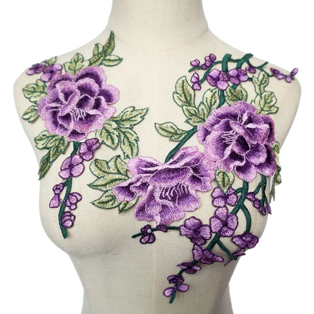

2PCS Purple Peony Flowers Leaves Embroidery Fabric Appliques Sew Patches Trimmings For Evening Dress DIY Wedding Decoration