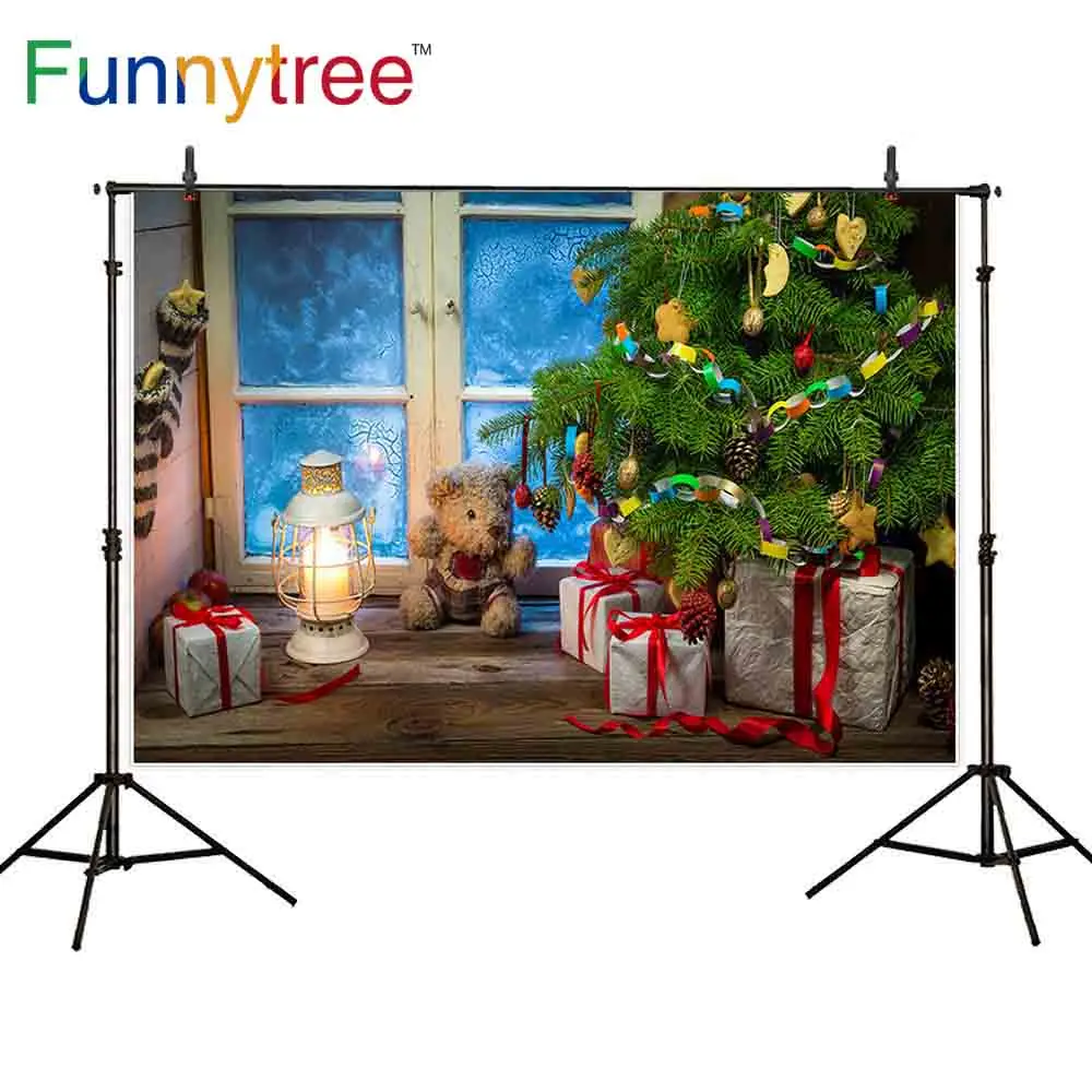 

Funnytree christmas background photography pine tree indoor window gift Toy Bear kinder board real photo backdrops wall-paper
