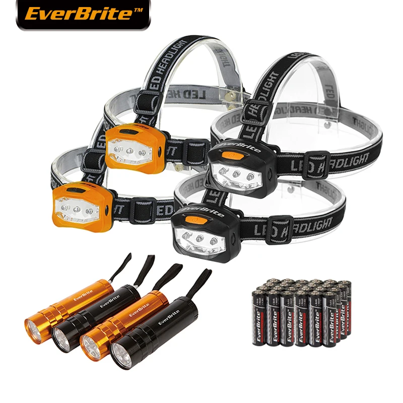 

EVERBRITE 4PC LED Headlamp + Black/Orange 4PC LED Flashlight for Camping Adventure Family Head Lamp Set