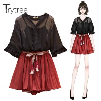 

Trytree Summer Women three piece set Casual Single-breasted Tops + Shorts Skirts Pleated Elastic Waist Belt Suit 3 Piece Set