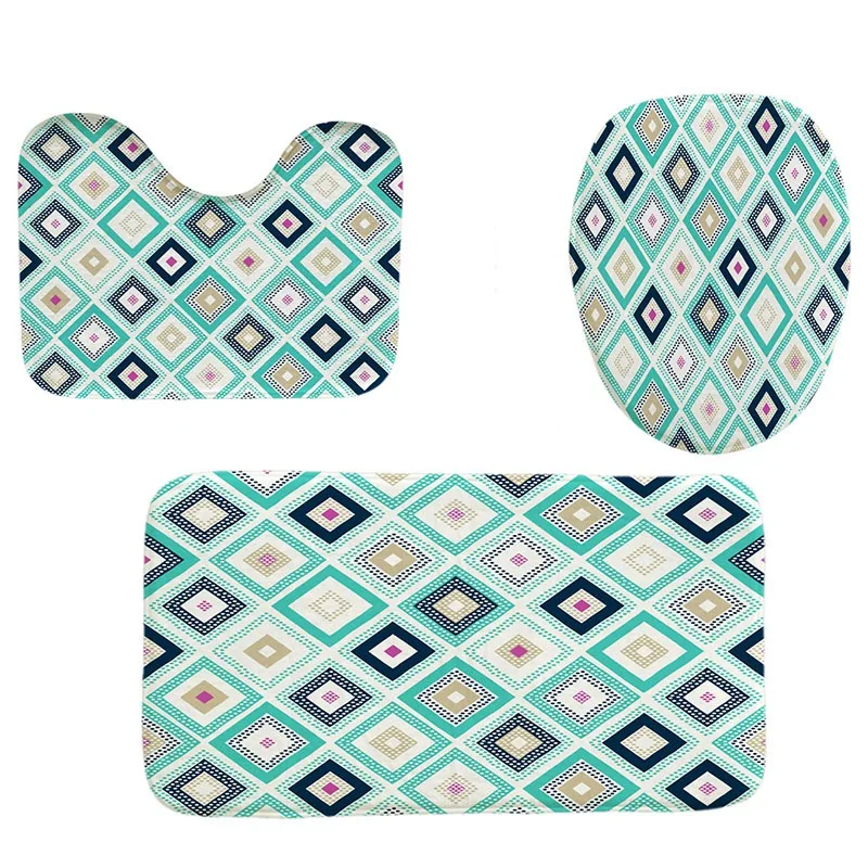 

New 4Pcs Home Bathroom Decor Set Bohemian Style Diamond Pattern Toilet Seat Cover Bath Mat Set + Waterproof Shower Curtain