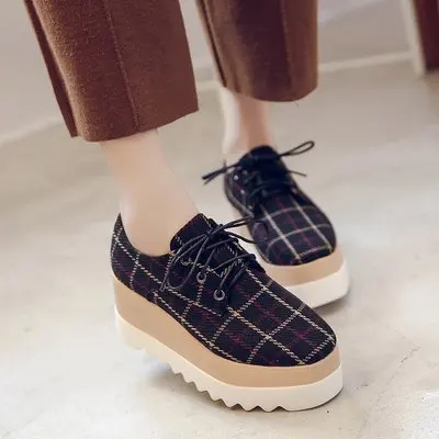 

Spring Korean version of the new wild women's shoes square head plaid British seals thick bottom wedge