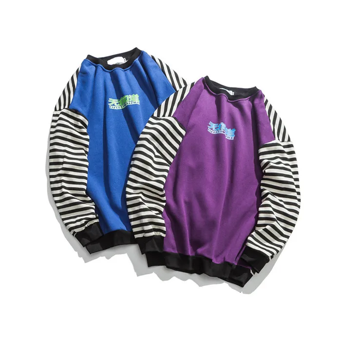 Японский Harajuku полосатый лоскутный Crewneck свитер для мужчин городской мальчиков уличная хип хоп графический толстовки негабаритных