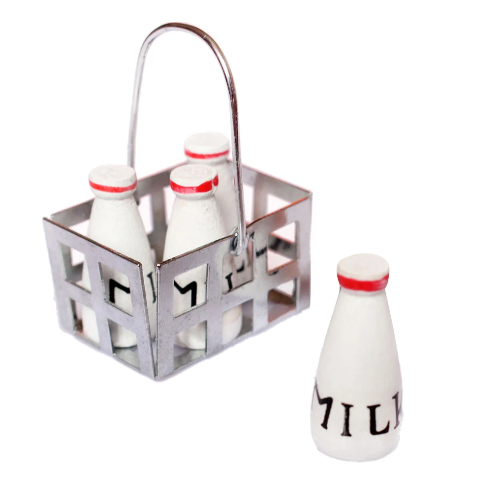 1/12 Dollhouse  Miniatures Metal Basket With 4pcs Wood Milk Bottles, Bottles Are Removable