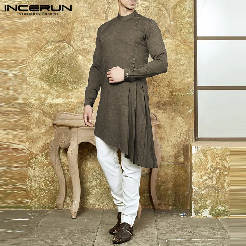 INCERUN мужская повседневная индийская длинная рубашка с длинным рукавом мусульманский хлопок сплошной цвет асимметричный подол кафтан мужские Топы Camisa Masculina 3XL